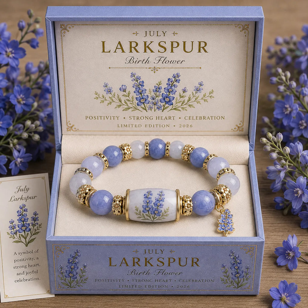 Larkspur bracelet in a decorative box with flowers around