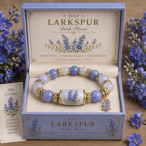 Larkspur bracelet in a decorative box with flowers around