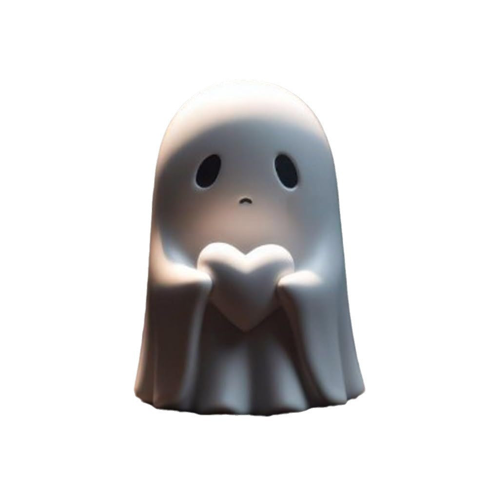 Ghost-like figure holding a heart on a white background