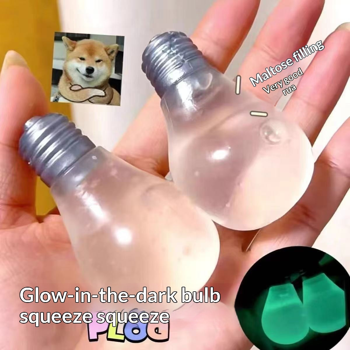 Two translucent squeeze bulb toys held in a person's hand, with text reading 'Glow-in-the-dark bulb squeeze' and a small inset showing a Shiba Inu meme. A circular inset at bottom right shows the bulbs glowing green in the dark.