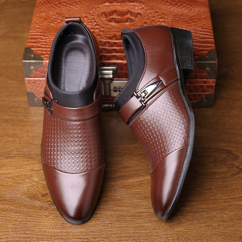 Valencrest™ Executive Leather Shoes – Premium English brown Shoes for Men displayed on wooden table and on short briefcase.