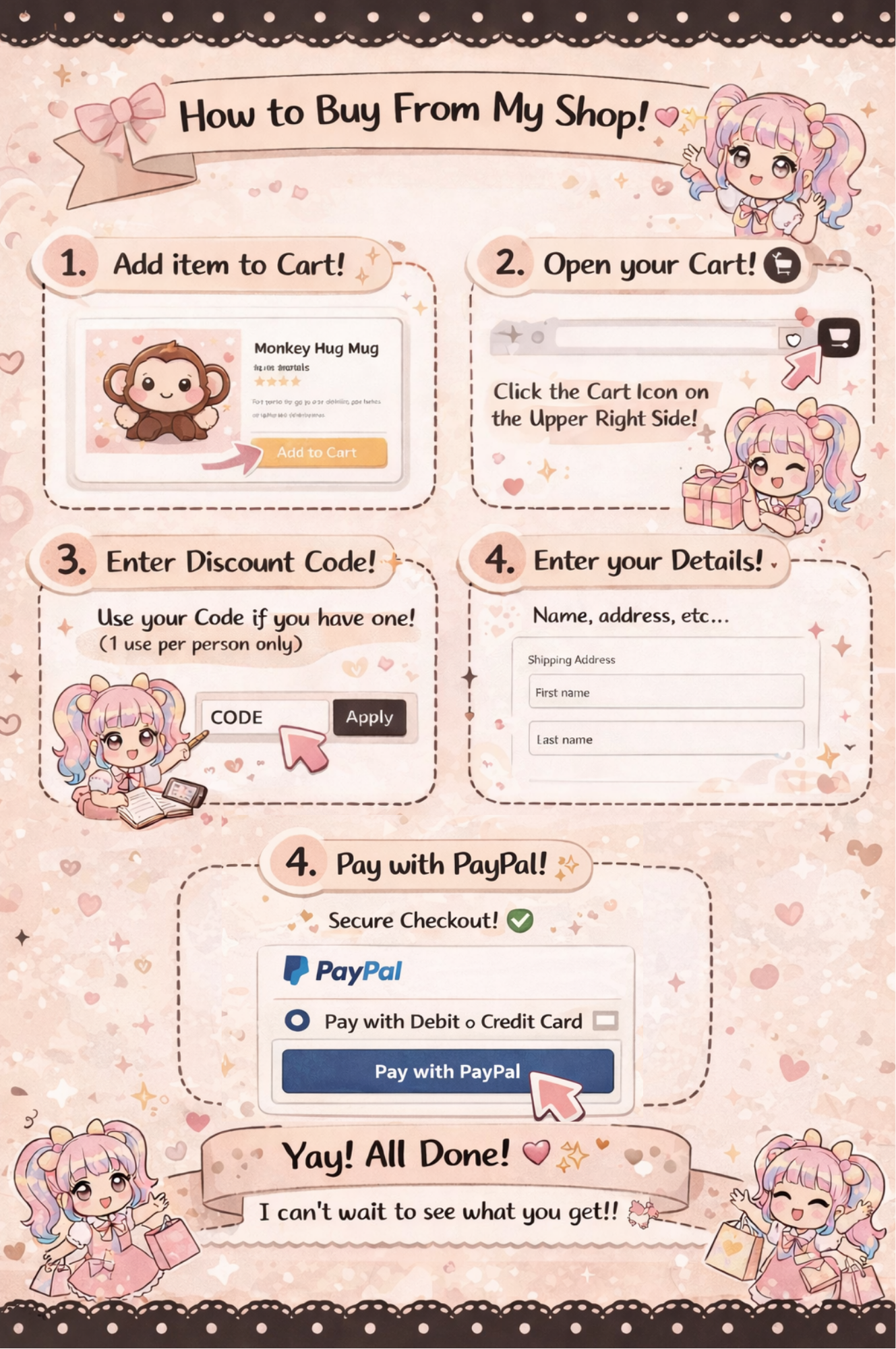 Step-by-step guide on how to buy from a shop with cartoon characters and icons.