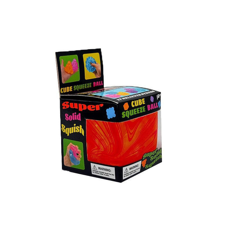 Box of Cube Squeeze Ball with colorful packaging on a white background