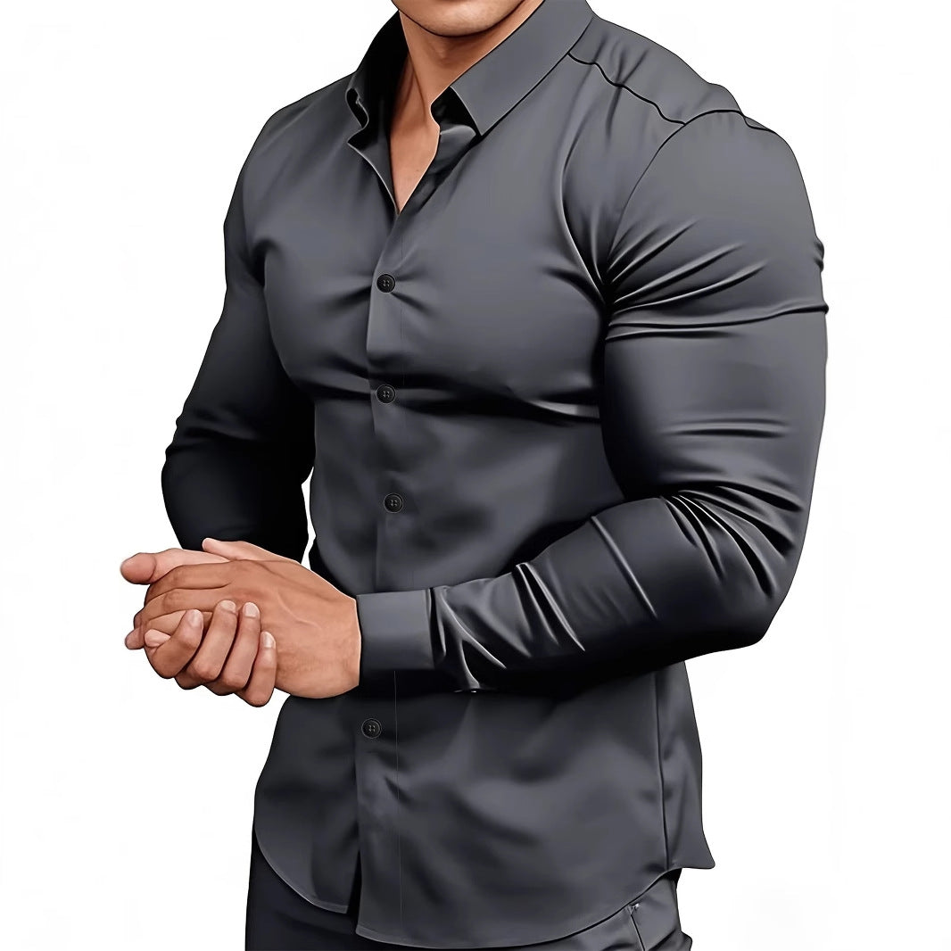 Gray dress shirt worn by a person on a white background