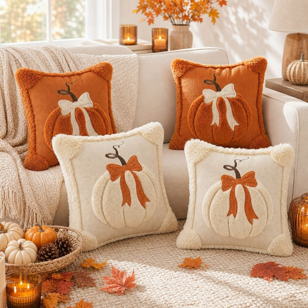 Decorative pillows with pumpkin and bow designs on a couch in a cozy living room.