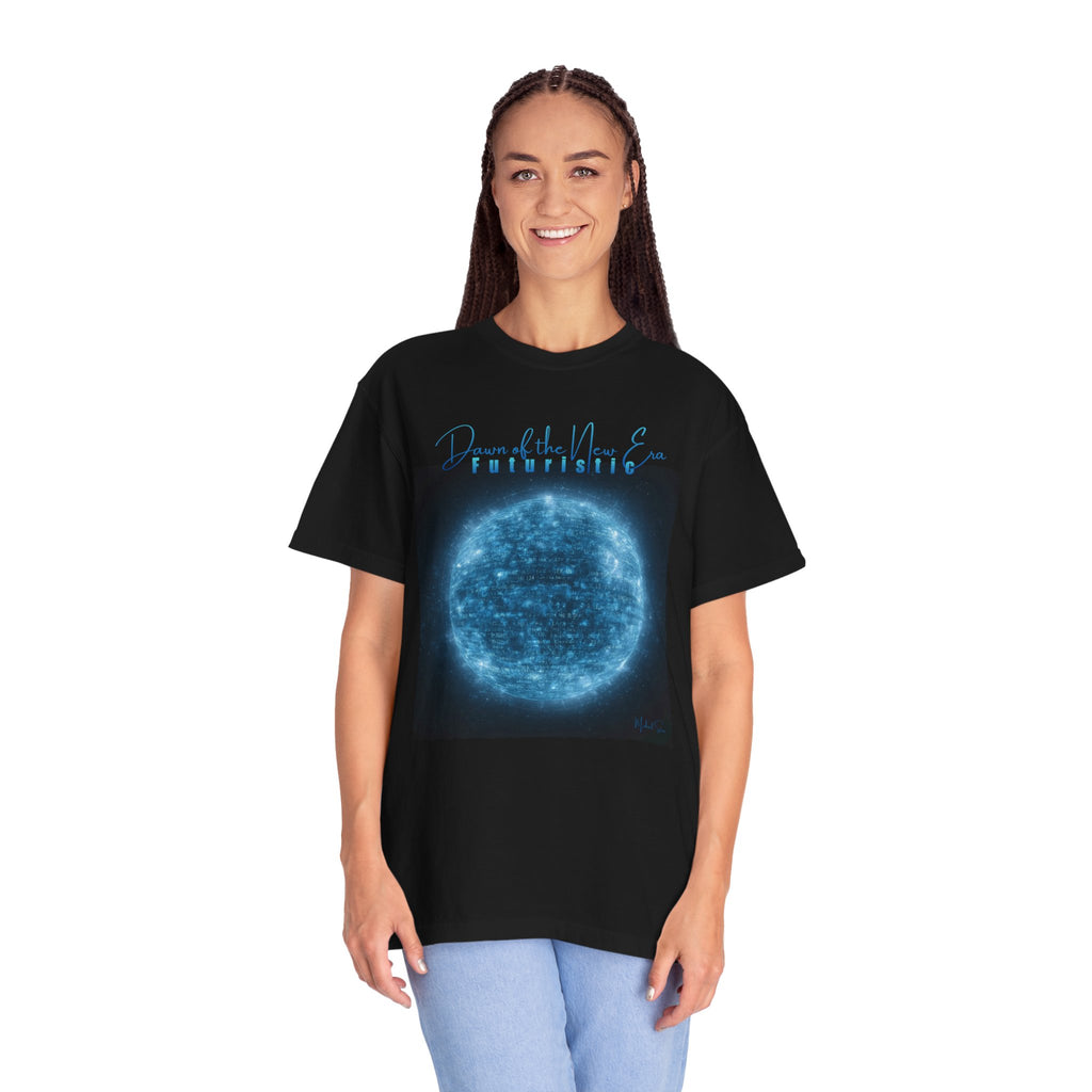 Person wearing a black t-shirt with a blue graphic design on a white background
