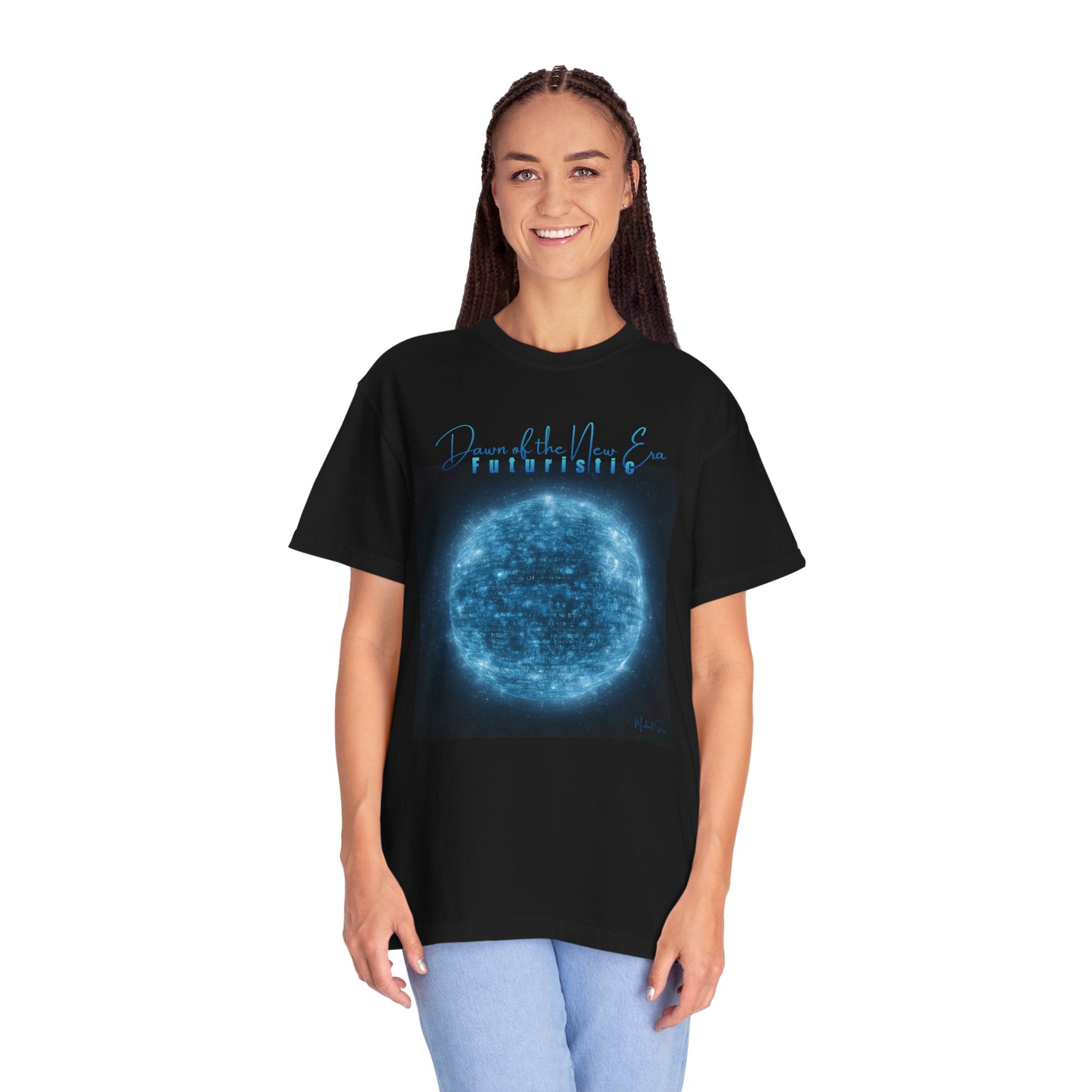 Person wearing a black t-shirt with a blue graphic design on a white background
