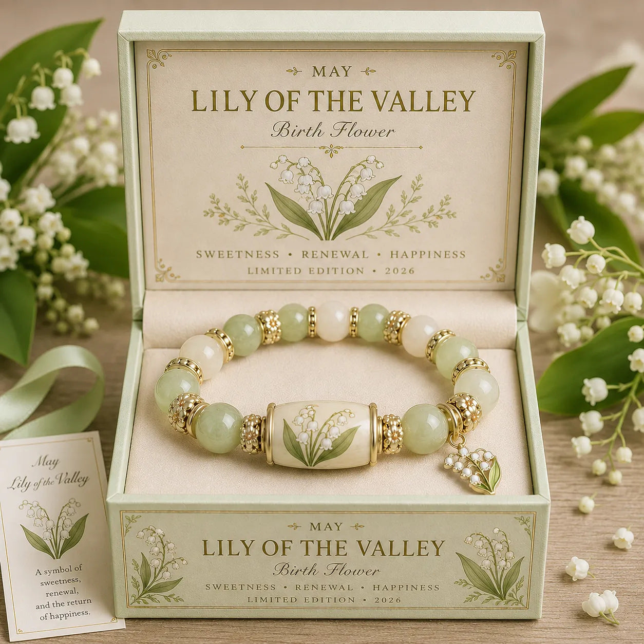 A beaded bracelet with pale green beads, gold-toned spacer beads, and a central floral motif, presented inside a decorative gift box labeled 'Lily of the Valley Birth Flower.' The box is shown open on a tabletop with lily of the valley flowers around it.