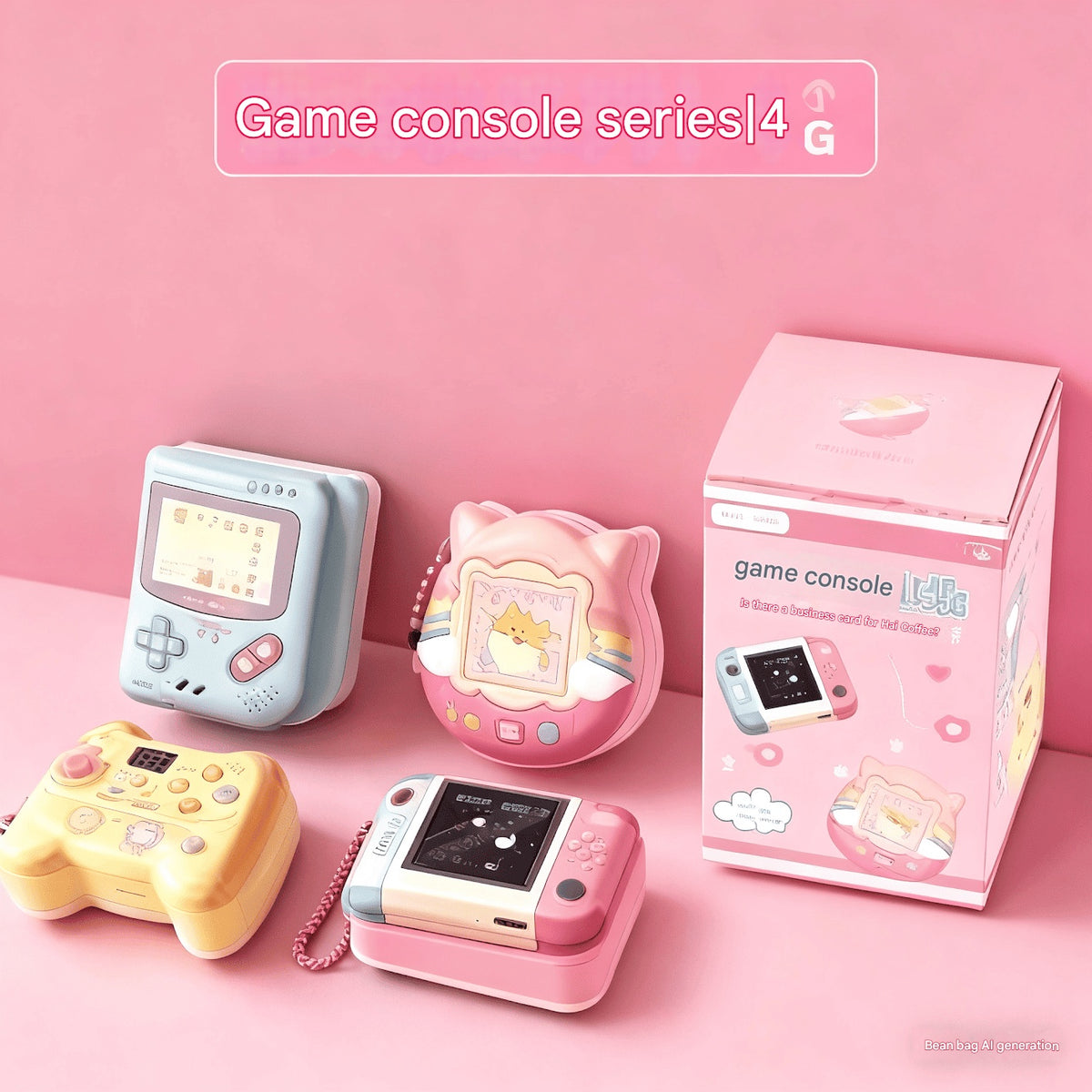Set of toy game consoles and packaging on a pink background