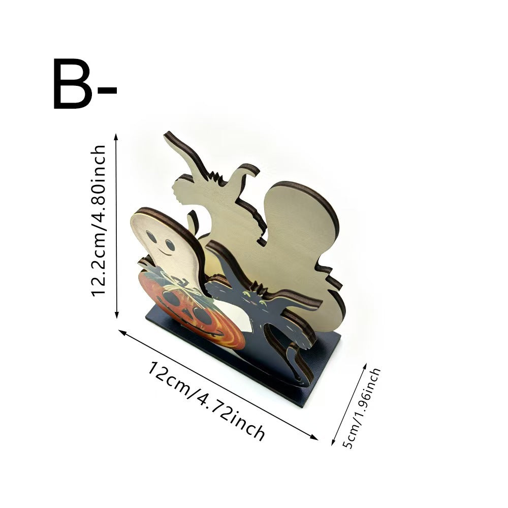 Halloween-themed wooden laser-cut tabletop decor on a black base, shown with dimension lines and text indicating 12.2 cm height, 12 cm width, and 5 cm depth.