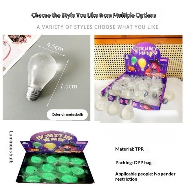 A collage showing novelty light bulbs and packaging on a white background. The top-left panel shows a frosted clear light bulb with dimension labels 4.