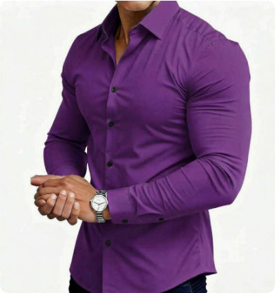 Purple shirt worn by a person on a white background