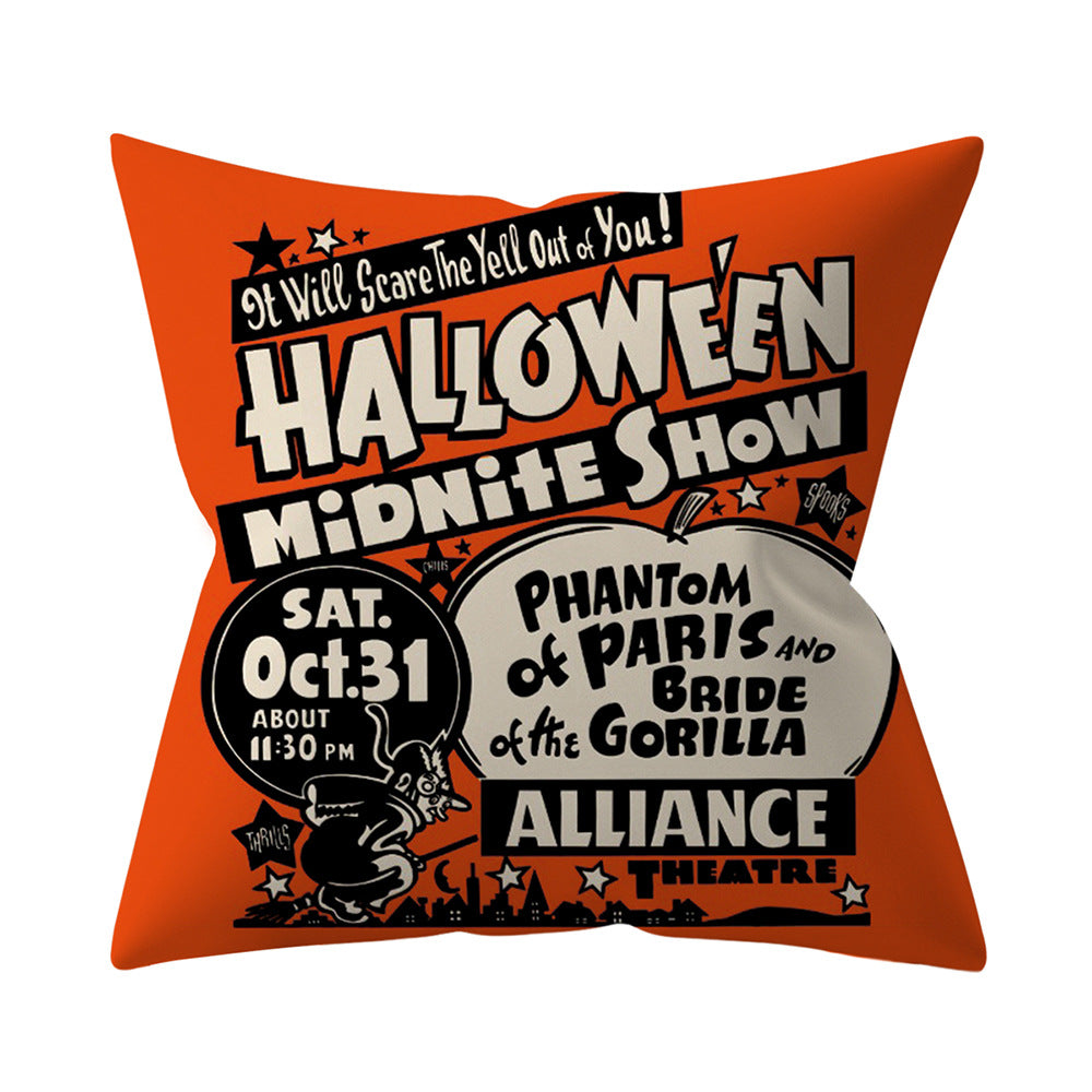 Halloween-themed pillow with text and graphics on an orange background