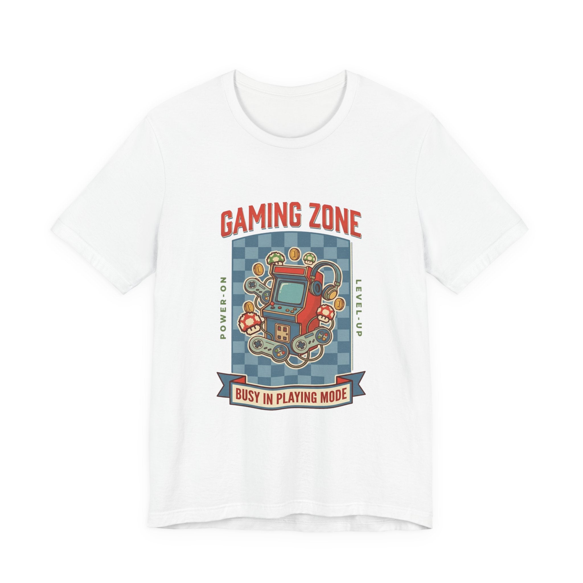 White t-shirt with a gaming-themed graphic and text on a white background