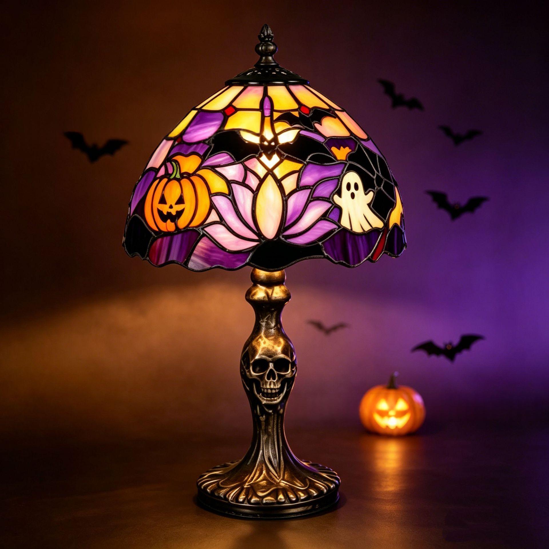 A Tiffany-style stained glass table lamp with a Halloween theme, featuring a skull on the metal base and a colorful glass shade with orange pumpkins, a white ghost, black bats, and purple and yellow panels. The lamp is set on a dark surface with a glowing jack-o'-lantern and black bat silhouettes in the background.