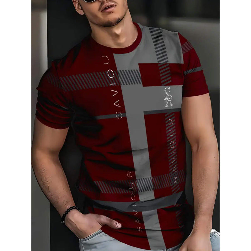 Man wearing a red and gray graphic t-shirt with 'Saviour' branding.