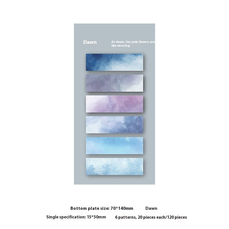 Set of six watercolor swatches labeled 'Dawn' on a gray background