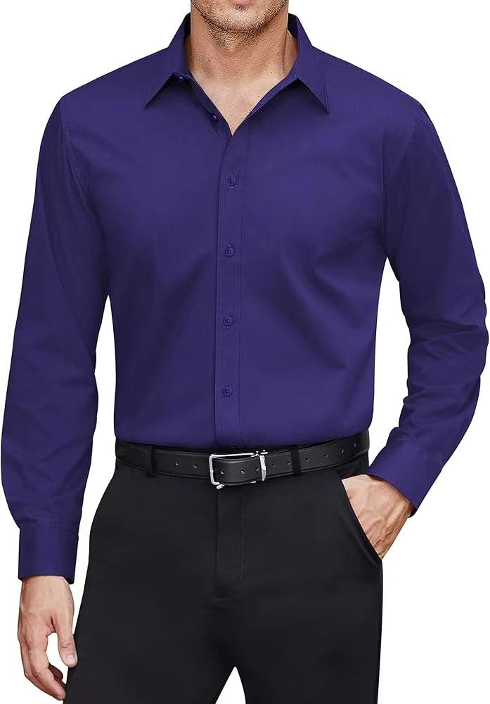 Man wearing a purple dress shirt and black pants on a white background
