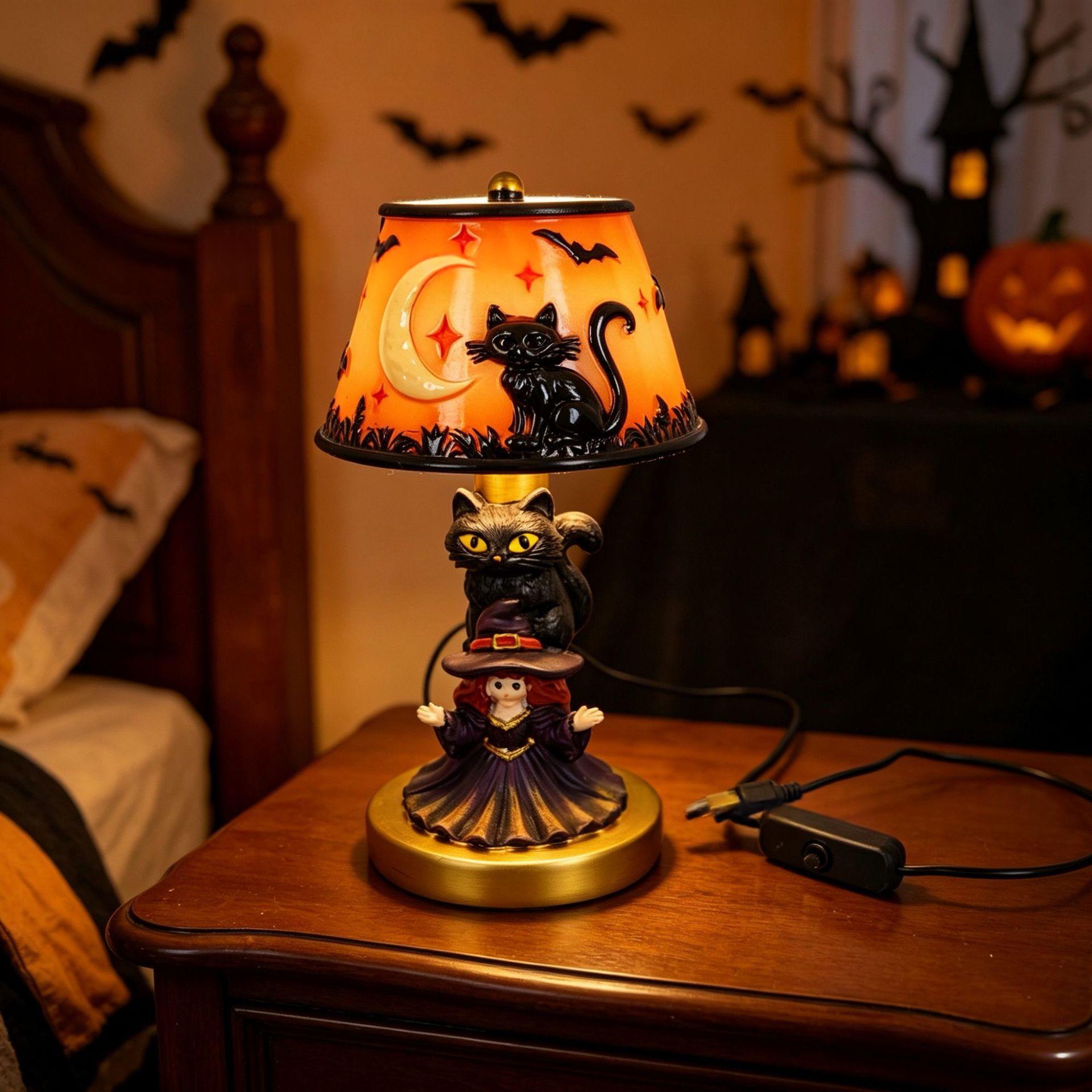 A Halloween-themed table lamp with a black cat and witch figurine on a gold base, shown lit on a wooden bedside table in a cozy bedroom setting.