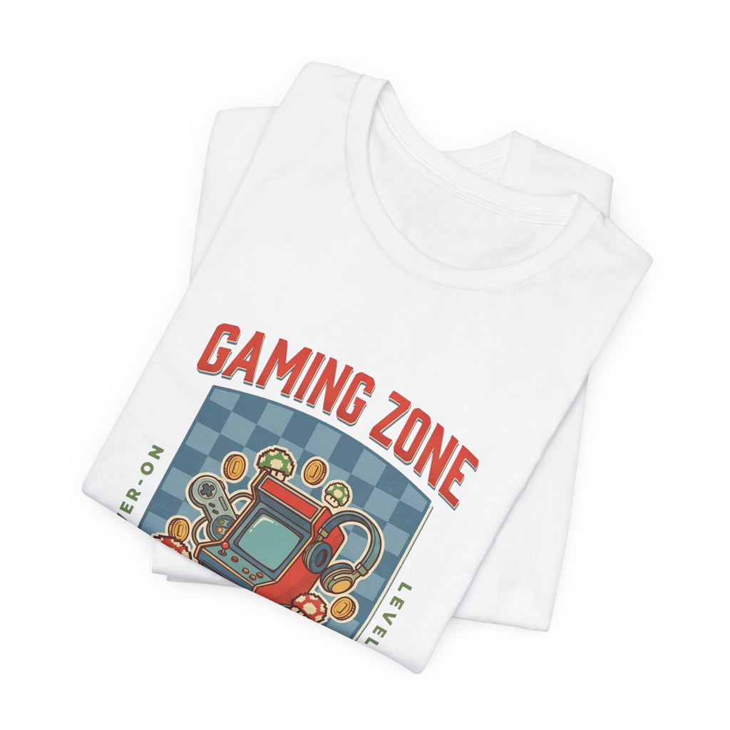 Folded white towel with 'Gaming Zone' design featuring a robot and checkered pattern on a white background.