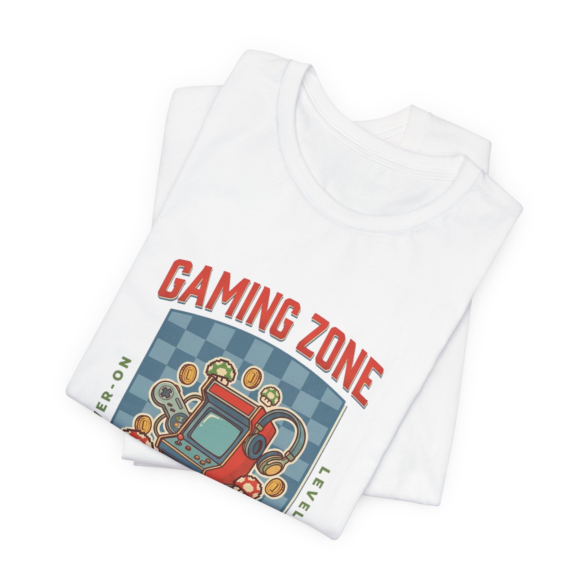 Folded white towel with 'Gaming Zone' design featuring a robot and checkered pattern on a white background.
