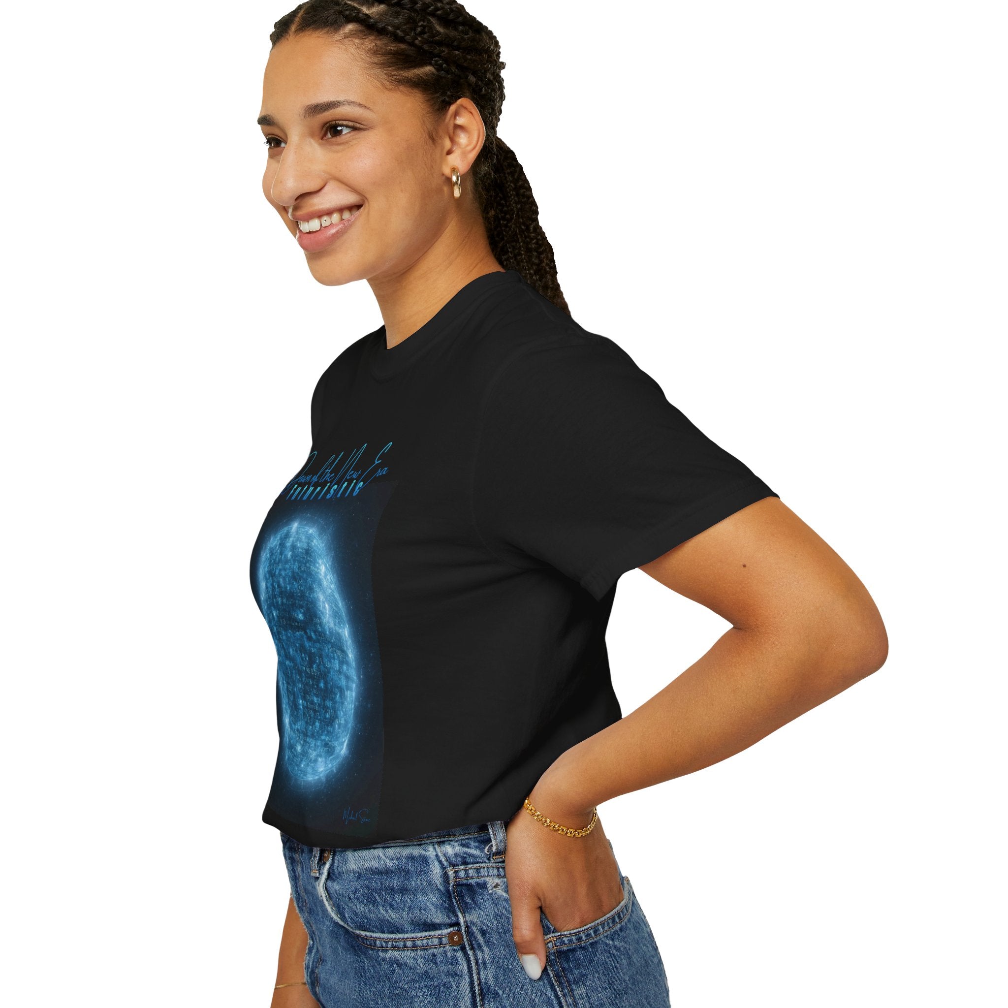 Woman wearing a black t-shirt with a blue graphic design on a white background
