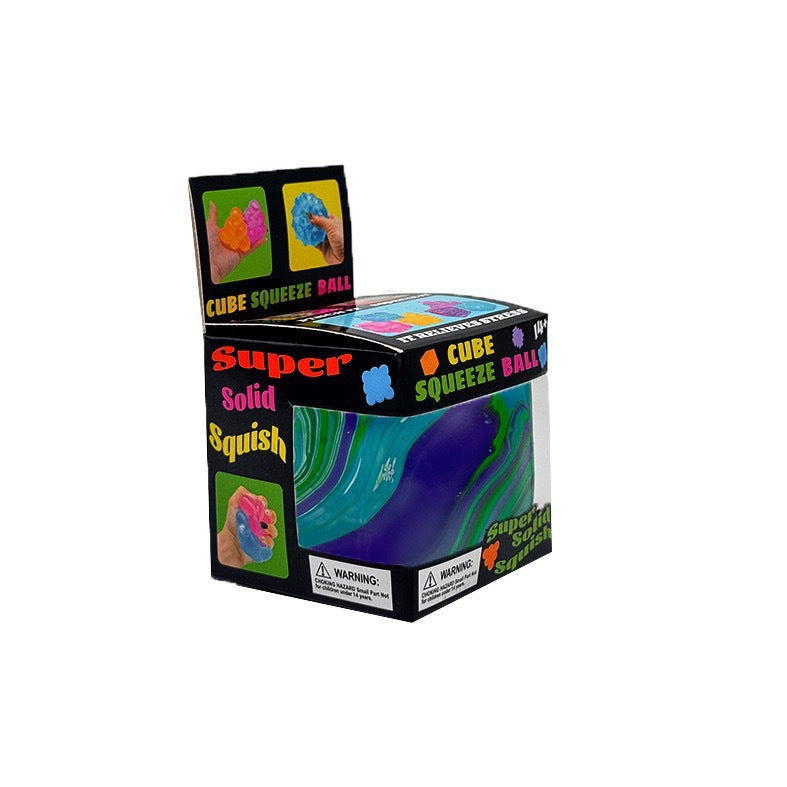 Box of a cube squeeze ball with colorful graphics on a white background