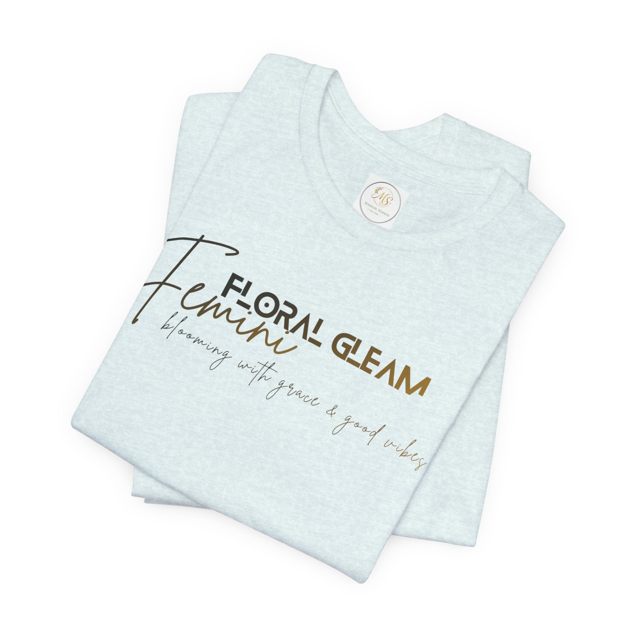 Light blue t-shirt with 'Floral Gleam' branding on a white background