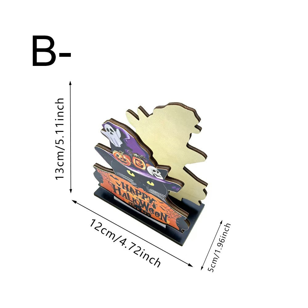 Halloween-themed wooden standee with layered spooky designs including a ghost, jack-o'-lantern, and 'Happy Halloween' text, shown with dimension labels of 13 cm height, 12 cm width, and 5 cm depth on a white background.