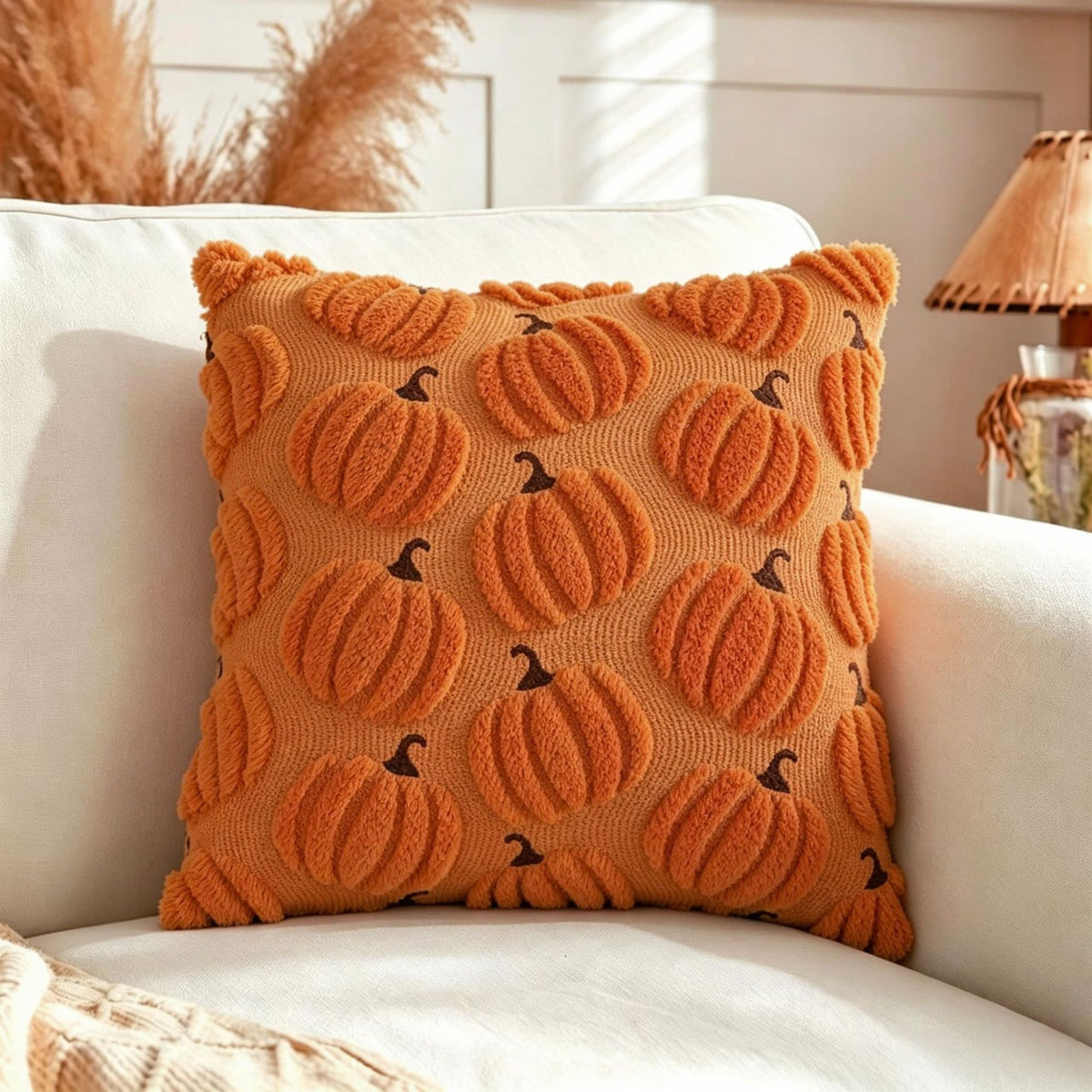 An orange textured throw pillow with a 3D pumpkin pattern and small dark brown stems, resting on a white armchair in a cozy living room setting.
