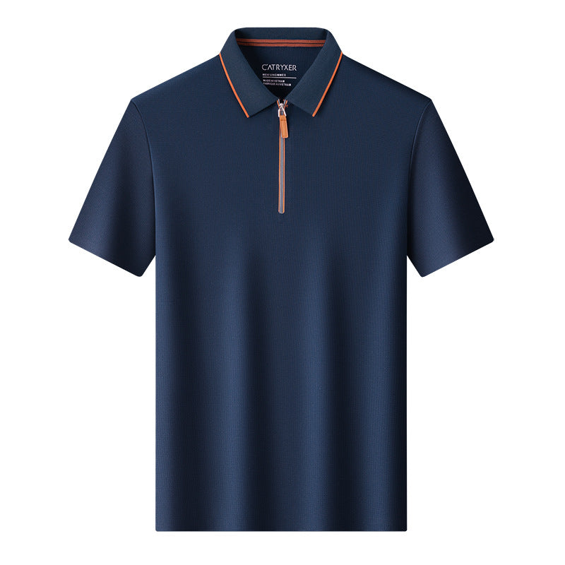 Navy polo shirt with orange accents on a white background
