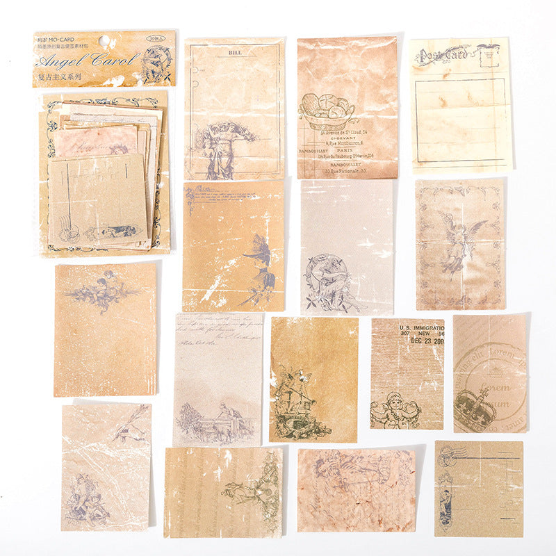 A collection of vintage-style paper ephemera and postcard packs arranged on a plain white background. The items feature aged beige and tan tones with faded blue, black, and brown printed illustrations, handwritten notes, and old postal designs.