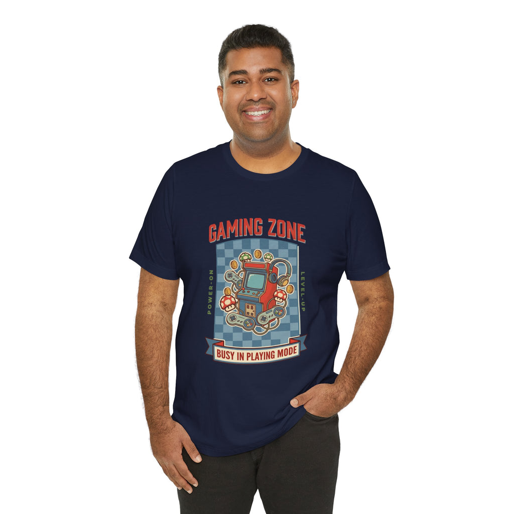 Man wearing a navy blue t-shirt with 'Gaming Zone' graphic design on a white background