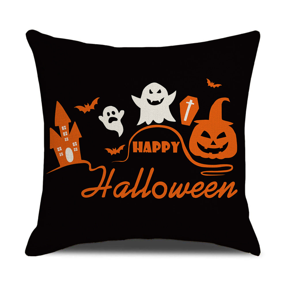 Black pillow with Halloween-themed design featuring ghosts, pumpkins, and text on a white background