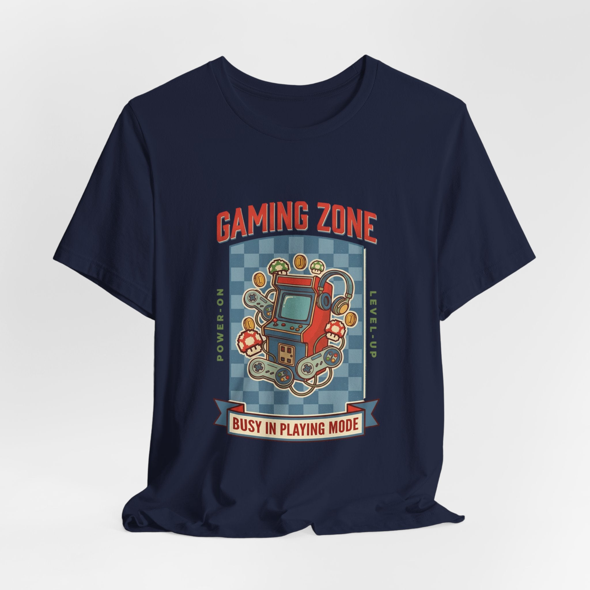 Navy blue t-shirt with 'Gaming Zone' graphic design on a white background