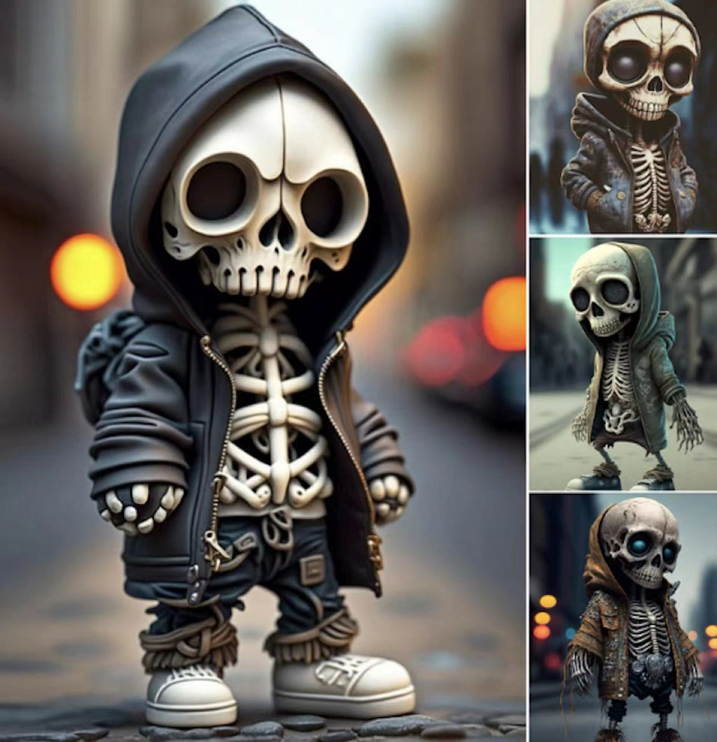 Skeleton figure in a hooded outfit standing on a street with blurred lights in the background.
