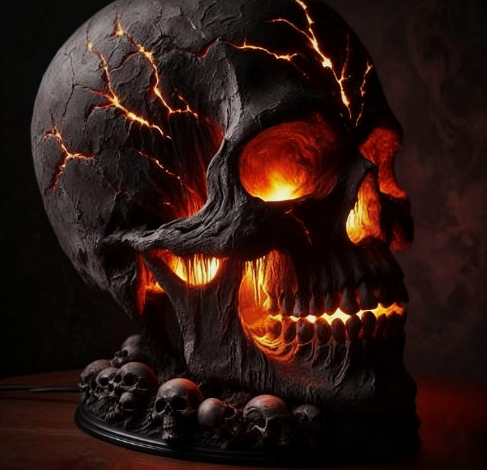 A dark, gothic skull-shaped lamp with glowing orange cracks and internal lights, displayed on a black base with smaller skull figures at the front against a dark background.
