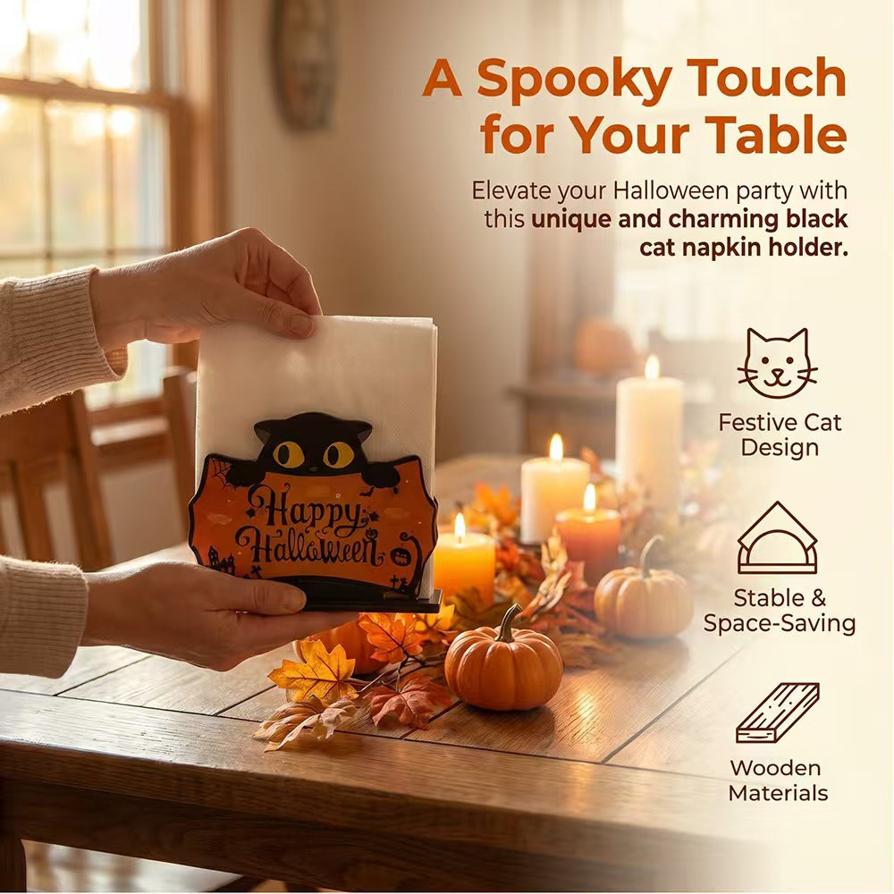 A person holds a white napkin with a black cat-shaped napkin holder printed with 'Happy Halloween' on a wooden sign, set on a decorated autumn table with candles, pumpkins, and fall leaves. Text on the image highlights the festive cat design, stable space-saving structure, and wooden materials.