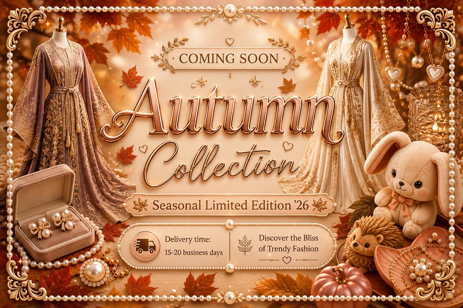 A decorative autumn-themed promotional graphic with the text 'Coming Soon Autumn Collection Seasonal Limited Edition 26.' The design shows two mannequins wearing long flowing dresses, fall leaves, pearls, jewelry, a plush bunny, and warm amber lighting.