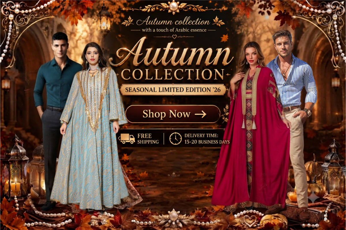 A promotional banner for the 'Autumn Collection' featuring four models in traditional South Asian attire. On the left, a man wears a dark teal shirt with dark trousers, while a woman in a light blue embroidered kurta and matching dupatta stands next to him.
