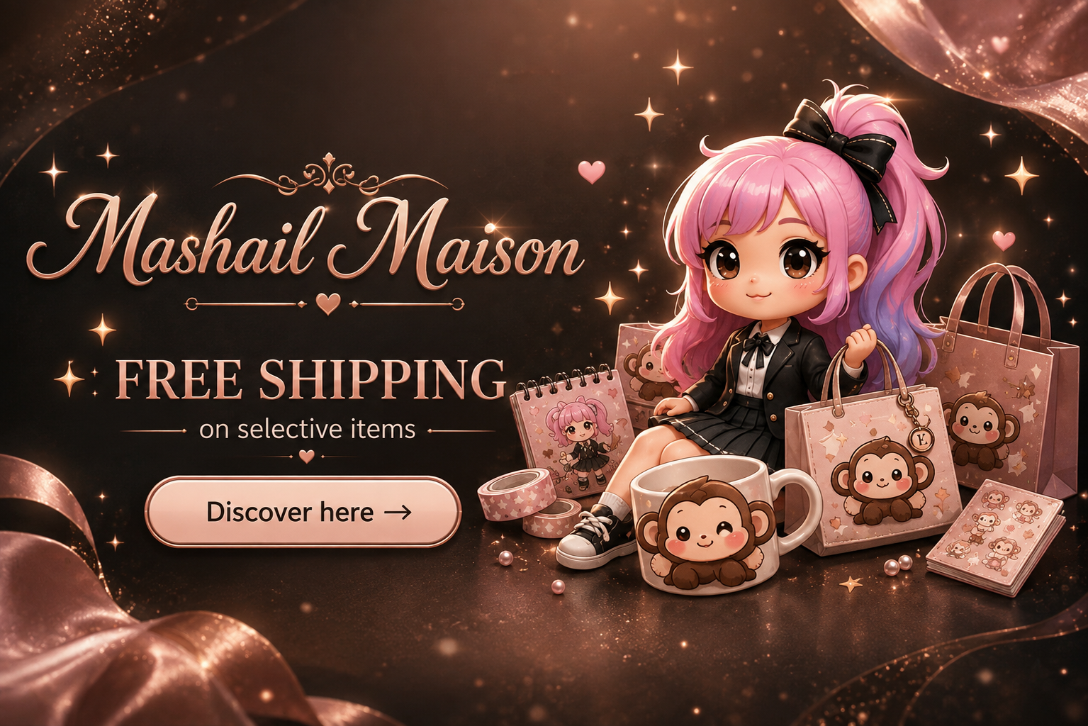 Promotional graphic for Mashail Maison featuring a chibi-style girl with pink and purple hair surrounded by branded merchandise, including shopping bags, a mug with a monkey face, notebooks, and a small box, with text advertising free shipping on selective items.