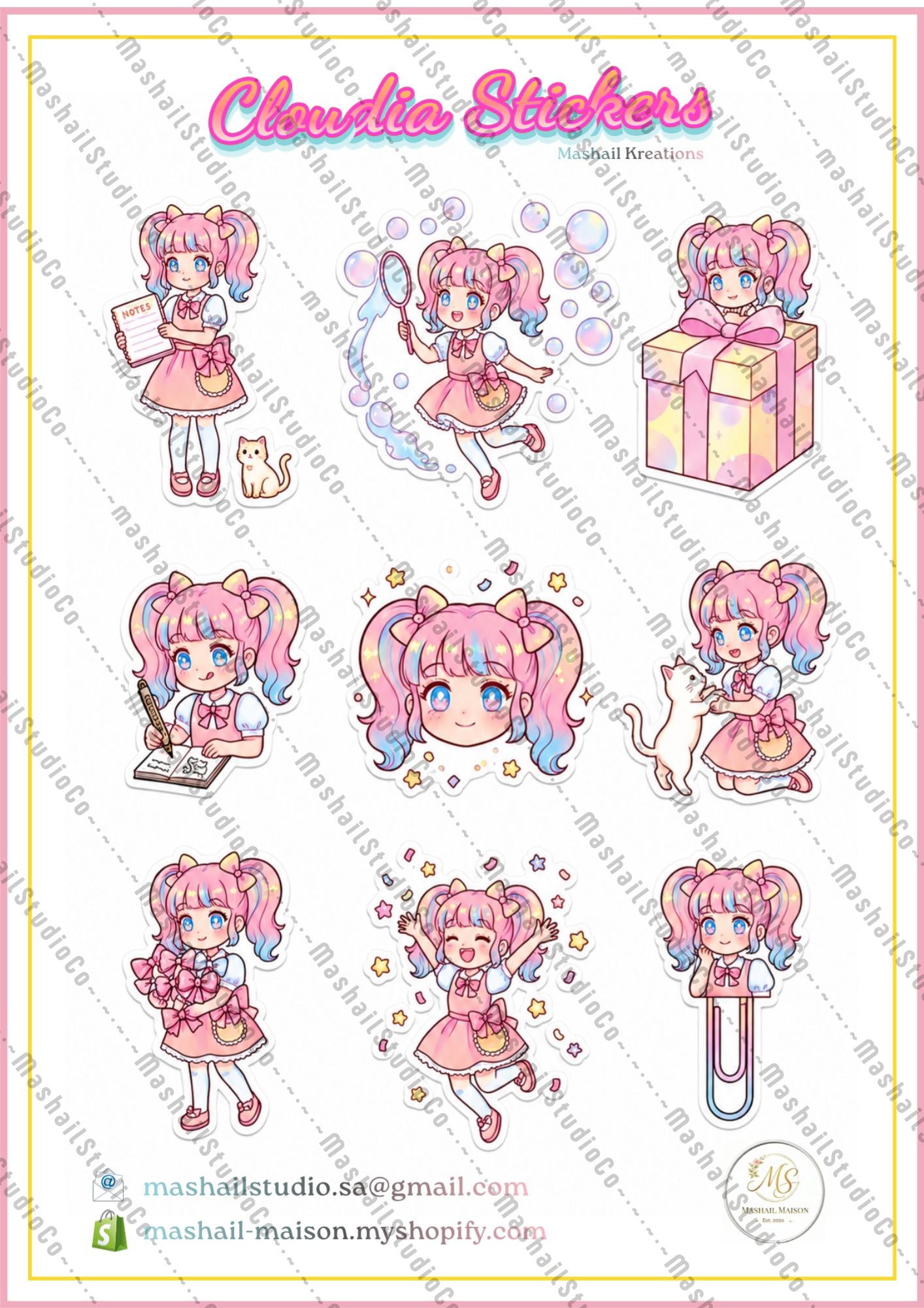 Set of cute character stickers with pink hair and various poses on a white background.