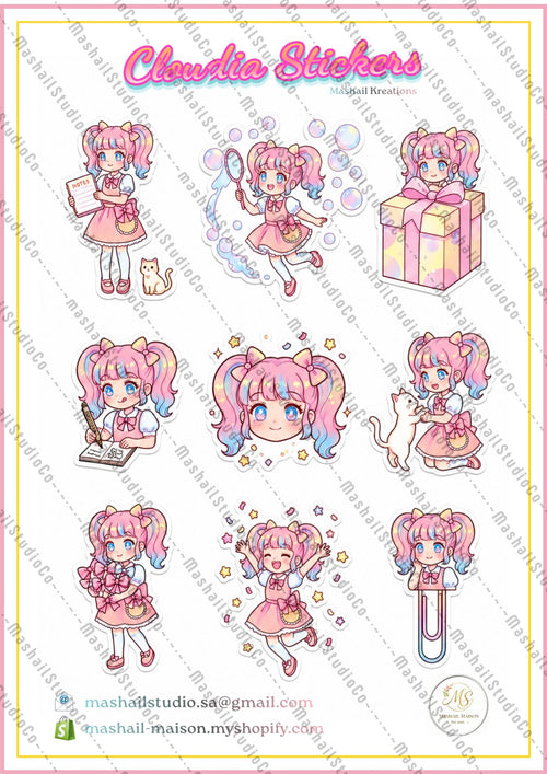 Set of cute character stickers with pink hair and various poses on a white background.