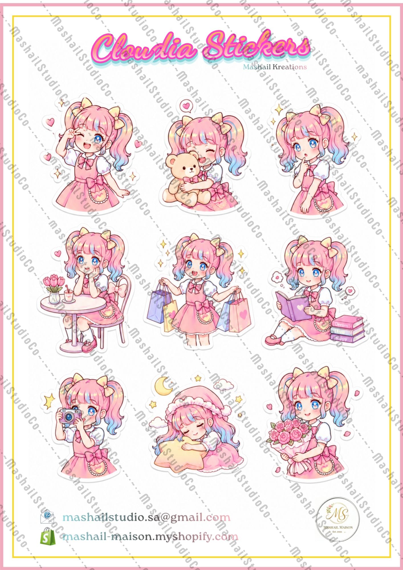 Set of cute animated character stickers with various poses on a white background, branded 'Cloudie Stickers'.