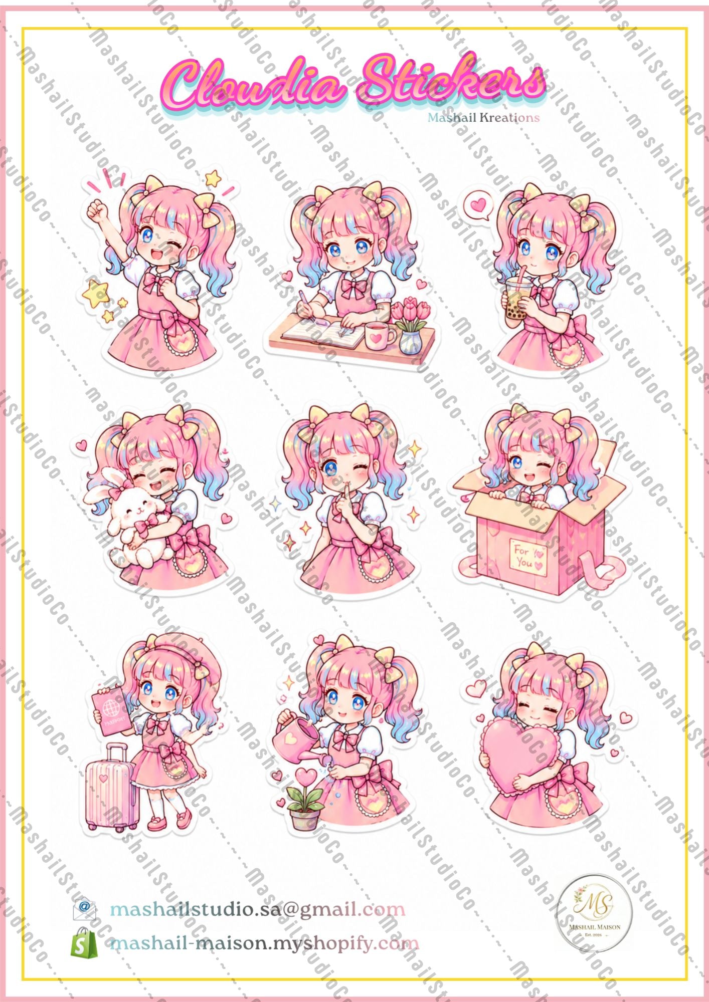 Set of cute character stickers with pink hair and various poses on a white background.
