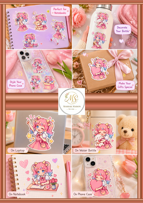 Collage of various items with cute character design, including notebooks, phone cases, water bottles, and a teddy bear.