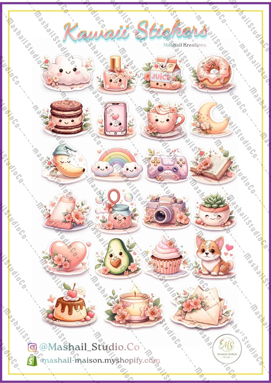 63 Cute Digital Sticker Pack - Printable PNG & PDF (A4) Mashail Maison