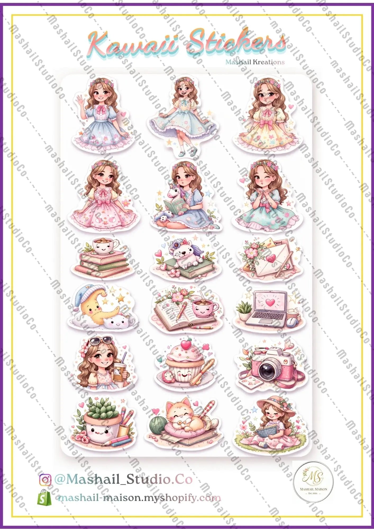 63 Cute Digital Sticker Pack - Printable PNG & PDF (A4) Mashail Maison