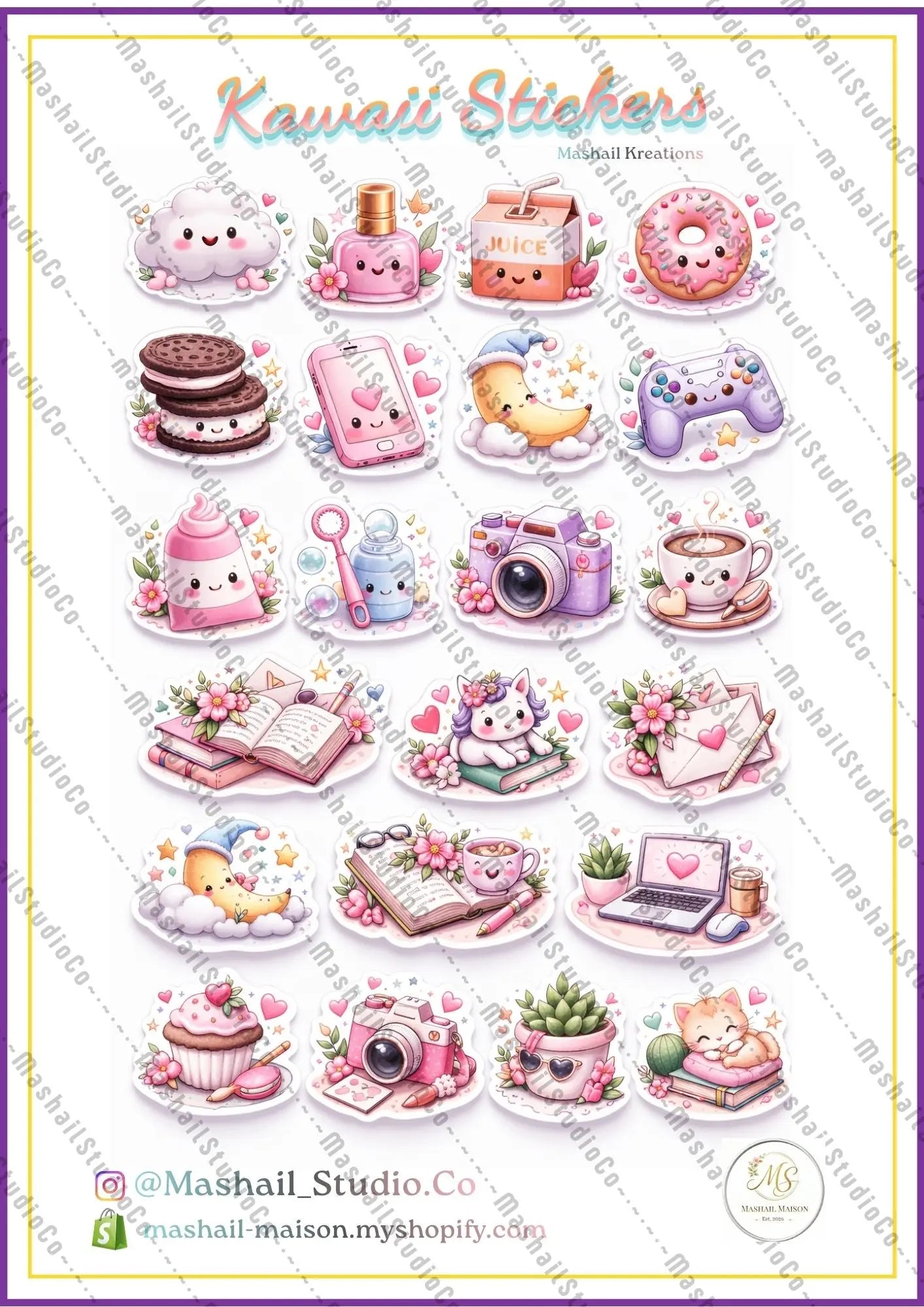 63 Cute Digital Sticker Pack - Printable PNG & PDF (A4) Mashail Maison