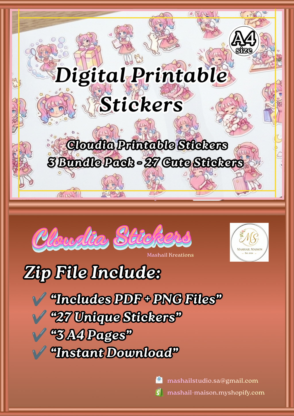Digital printable stickers packaging with Cloudia stickers design on a white background